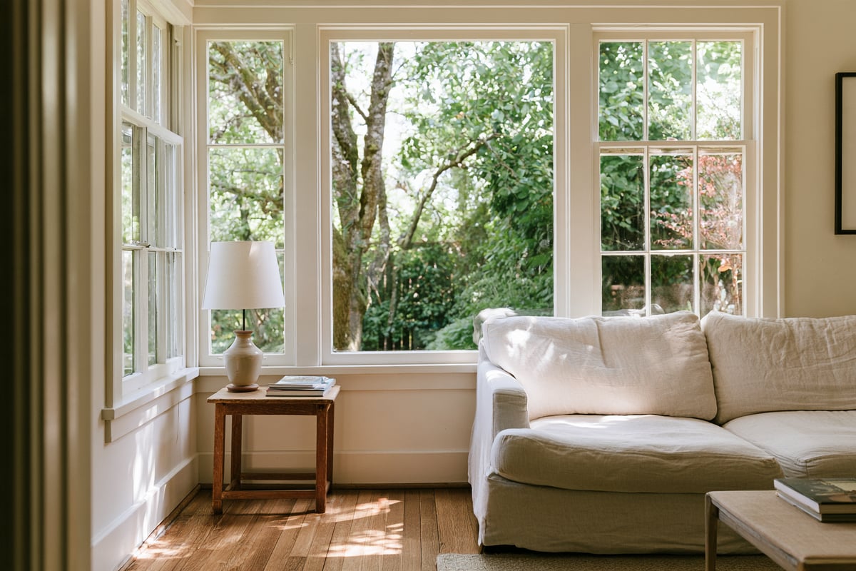 Illustrative living room with a linen sofa and daylight through garden-facing windows.